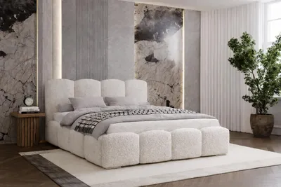 Produktbild von Doppelbett 140x200 Zenna - dickem Schaumstoff, Bett mit Bettkasten und Metall-Lattenrost - Bouclé Creme (Lambi 1)