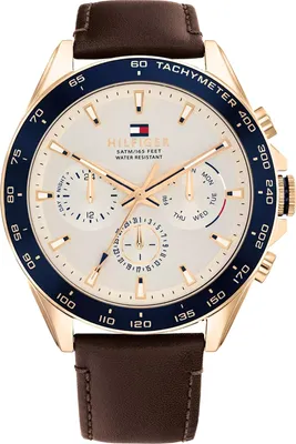 A close-up studio shot of a Tommy Hilfiger watch.