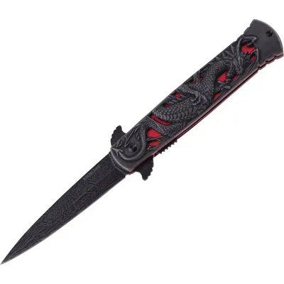 Produktbild von Klappmesser Drache, rot unterlegt, seitliche Stahlklinge