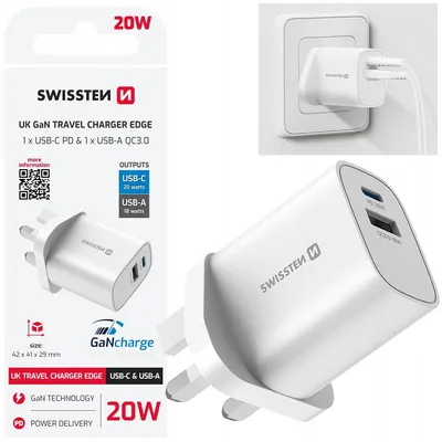 Zdjęcie produktu dla SZYBKA ŁADOWARKA UK 1x USB-C 20 W PD 1x USB-A 18W QC z wtyczką brytyjską