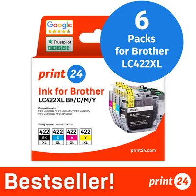 Productafbeelding van NIEUW: print24 Inktcartridges voor Brother LC422XL, multipack (BK/C/M/Y), 6 stuks