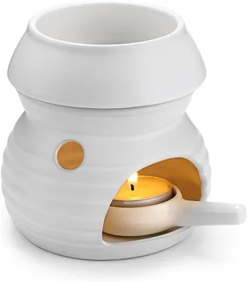Productafbeelding van Geurlamp van keramiek met kaarsenhouder, theelichthouder, kalebas, aromalamp, geurlicht, aromabrander voor geurolie en geurwas, wit