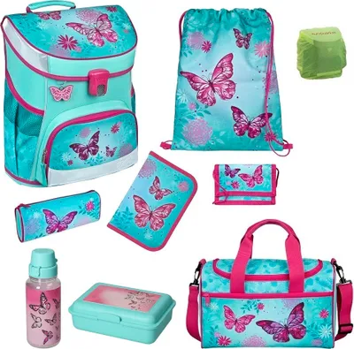 Produktbild von Mädchen Schulranzen Set 9tlg. Scooli Campus Fit Ranzen 1. Klasse mit Sporttasche Butterfly türkis