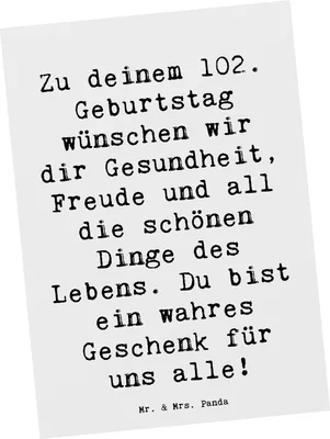 Produktbild von Mr. & Mrs. Panda Ansichtskarte Spruch 102. Geburtstag - Weiß - Geschenk, besonderes Alter, Grußkarte, Kunstkarten, Lebensjubiläum, Ansichtskarten, Glückwünsche, Postkarte