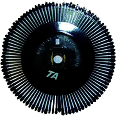A close-up, studio shot of a black typewriter element with many spokes radiating outwards from the center.