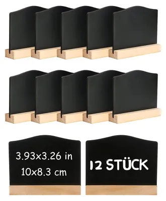 Produktbild von 12Stück Mini Kreidetafel mit Ständer, Kleine Tafel Holzschilder zum Beschriften, Mini Tafel Set,Tischkarten Preisschilder Platzkarten Kreidetafel Aufsteller für Hochzeit,Geburtstag usw. (Wellig)