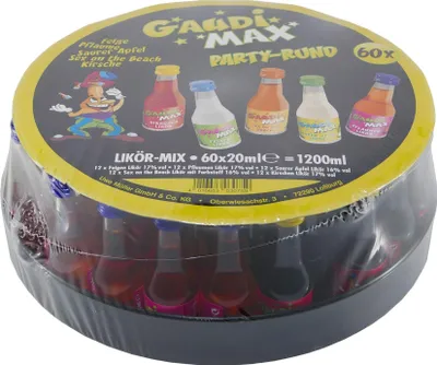 Produktbild von Gaudimax Partymix 60 Klopfer auf Tablett Likör 16-17 vol.% 0,02l Minis