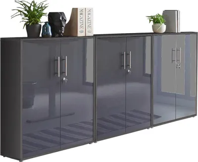 Produktbild von Aktenschrank TABOR 99 in anthrazit / anthrazit Hochglanz, Schrankwand, Büroschrank, abschließbar, Metallgriffe