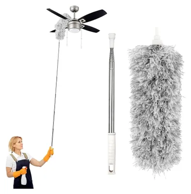 Produktbild von Teleskopischer Staubwedel, 2 Stück Mikrofaser Staubwischer, Dehnbarer Staubbesen mit Edelstahlstange für Decken und Ventilatoren, 280 cm