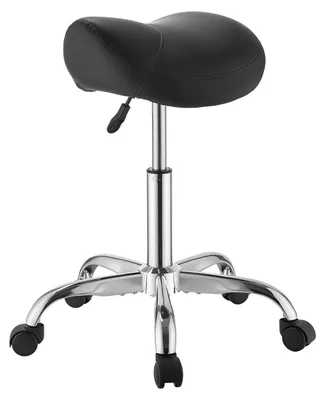 Productafbeelding van Zadelkruk met wielen, draagvermogen 226,8 kg, in hoogte verstelbaar, ergonomische zitting van Polyurethanleer, 360° draaibare zadelkruk voor salon, spa, bar, thuis, medische praktijk en massages, zwart