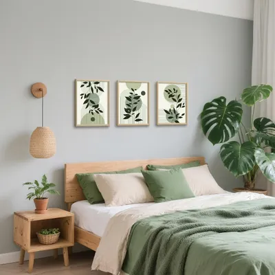 Produktbild von Leinwand Wanddekoration 3-teilig Salbeigrün, 30x40 cm, geometrisches Design für Wohnzimmer