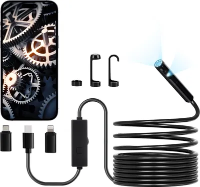 A product shot of an endoscope camera kit, including the camera probe, cables, and adapters, against a white background.
