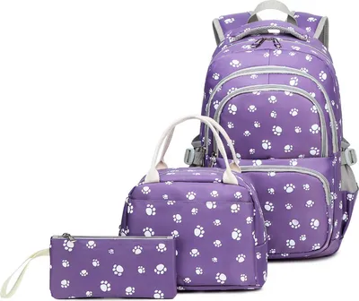 Immagine prodotto di Zaino scuola ragazze adolescenti signore zaino zaino set zampe di cane cartella con borsa pranzo e astuccio per matite, viola, zampe di cane