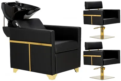 Produktbild von Montreal Set Friseursalonwaschanlage und 2 x hydraulischer drehbarer Friseurstuhl für den Friseursalon bewegliche Waschschüssel Keramikarmatur Wasserhahn Duschkopf