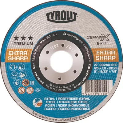 Produktbild von Schruppscheibe CERABOND X D125xS7mm gekr.INOX/Stahl Bohr.22,23mm TYROLIT