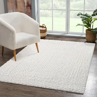 Produktbild von Teppich Hochflor Wohnzimmer - 120x170 cm - Weiß/ Creme - Hochtief-Muster/ 3D-Effekt Bordüre