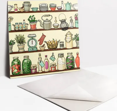 Produktbild von Fliesenaufkleber Set - 9 Stück Selbstklebende PVC Fliesen-Designs - Für Bad und Küche 30 x 30 - Zeichnen von Küchenartikeln