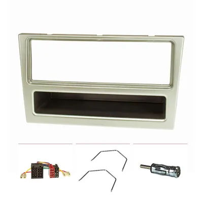 Zdjęcie produktu dla Zestaw panelu radia kompatybilny z Opel Corsa C Combo Omega B Vectra C Meriva matowy chrom z adapterem radia Adapter anteny ISO Uchwyt odblokowujący ISO DIN