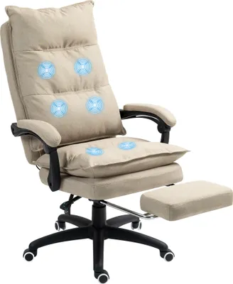 A beige ergonomic office chair with a footrest and massage features, shown against a white background.