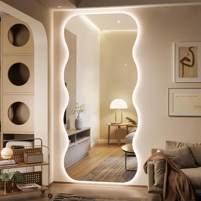 Produktbild von Ganzkörperspiegel mit Lichtern 240 x 100cm, Wellenförmiger LED Wandspiegel, 3 Lichtfarben Dimmbar