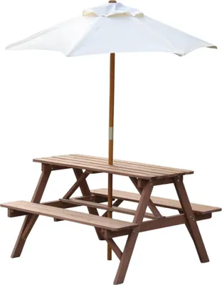 A wooden picnic table with attached benches and a white umbrella, isolated on a white background.