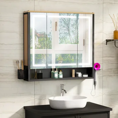 Produktbild von YITAHOME Spiegelschrank Bad mit LED, 3 Türen, Steckdosen, Wandschrank Badezimmerschrank, 80 x 15 x 75 cm, Schwarz