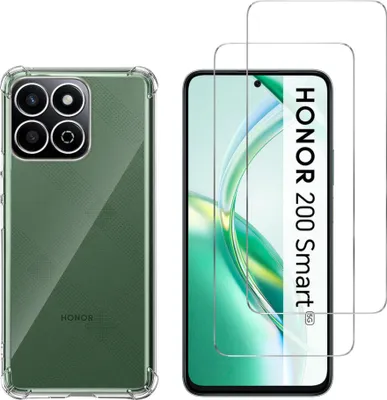 A clear protective phone case and two screen protectors are displayed side-by-side against a white background.