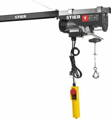 Produktbild von STIER Elektrischer Seilzug, Tragkraft 999 kg, Leistung 1600 W, Hebehöhe bis 12 m, inkl. Befestigungsbügel, einfache Montage, Sicherheit durch Not-Aus-Schalter