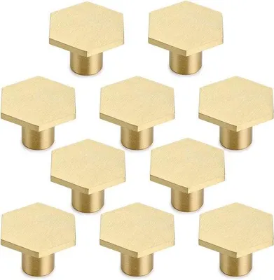 Produktbild von DigiRigi® 10x sechseckige Möbelknöpfe – Schubladenknöpfe aus massivem Messing, Gold, 34×21 mm, Schraube 25 mm, für Schrank/Schublade (18–22 mm)