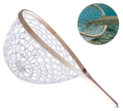 Produktbild von Fliegenfischen Kescher Gumminetz Holzgriff, leichter Angelkescher mit Magnet Clip, Catch & Release Fischkescher für Forelle Barsch