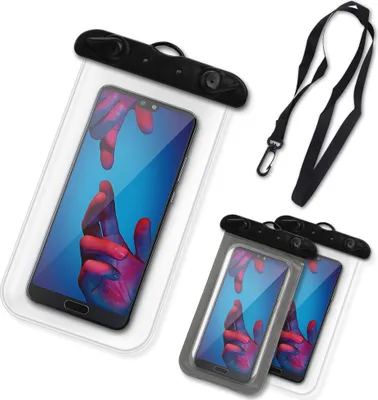 A product shot of multiple waterproof phone cases with phones inside, and a lanyard.