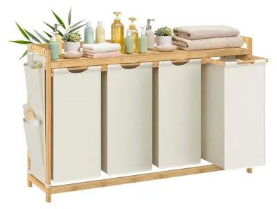 Image de Panier à linge avec 4 compartiments, 200 litres, en bambou, blanc – 124,6 x 33 x 78 cm