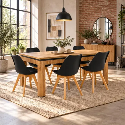 Zdjęcie produktu dla INSPIRO Zestaw stół rozkładany C-16 dąb Wotan/czarny + 6 krzeseł SL-02 czarne siedzisko