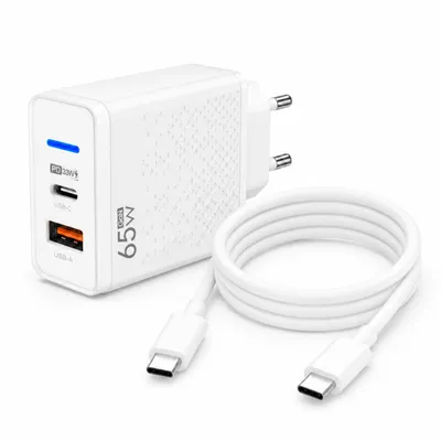 Produktbild von 65W USB-C GaN Ladegerät mit 2m USB-C Ladekabel (20W) – 2-Port Schnellladeadapter mit USB-C & USB-A für Smartphone & Tablet