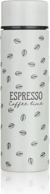 A white thermos with a pattern of coffee beans and text.