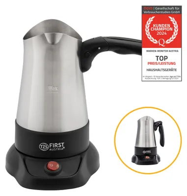 Produktbild von TZS First Austria Türkischer Kaffeekocher, 350ml, 800W, Espressokocher, Mokkakocher, Edelstahl, Elektrisch Kaffeekocher, türkische Kaffeemaschine, mit klappbarem Handgriff, Schwarz