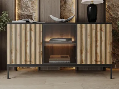 Produktbild von GrainGold Kommode Deo - Kommode mit  Türen - Sideboard, TV-Kommode, LED-Beleuchtung, Kommode mit Glas - Kommode Graphit, Eiche Wotan