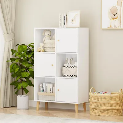 Immagine prodotto di Libreria a 6 scomparti, scaffale a colonna con 3 ante, divisorio per ambienti, colore bianco, dimensioni 64,5 x 30 x 109,5 cm