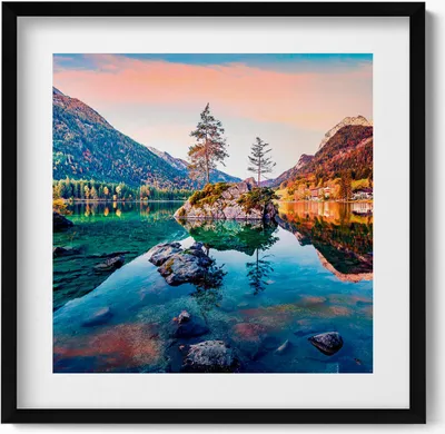 Produktbild von Schöne Bergsee-Landschaft– Wandbild mit Rahmen – Gerahmtes Bild  – Wanddekoration – 50x50 cm –  Schwarz Rahmen