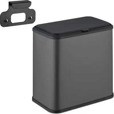 A gray rectangular trash can with a black lid and a black wall-mounting bracket are shown against a white background.