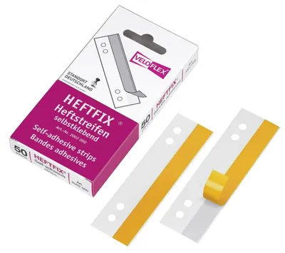 Produktbild von Heftstreifen Heftfix®, selbstklebend transparent, Länge: 105 mm, Lochabstand: 60 und 80 mm, 50 Stück