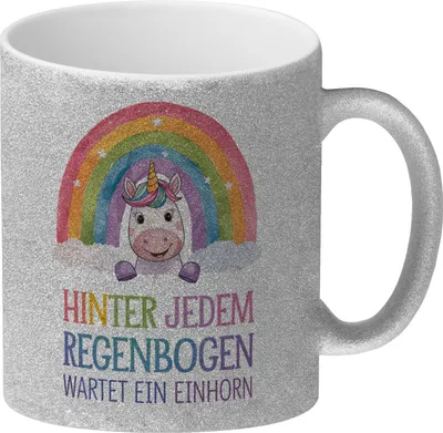 Produktbild von Lächelndes Einhorn Glitzer-Kaffeebecher Hinter jedem Regenbogen