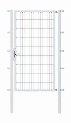 A single metal gate with a wire mesh infill, mounted between two posts. The gate has a handle and latch mechanism.