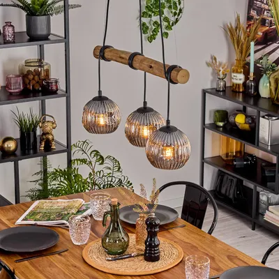 Produktbild von Villamare Hängelampe aus Metall/Holz/Riffelglas in Schwarz/Natur/Rauchfarben
