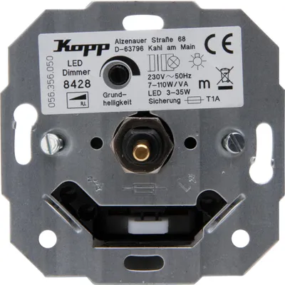 Produktbild von Kopp LED Dimmer 8428 Sockel mit Druck-Wechselschalter für dimmbare 230V LEDs 3 - 35W Auch für Glüh,- 230V Halogenlampen u. NV-Halogenlampen mit konv. Trafos von min.7 - max.110W/VA