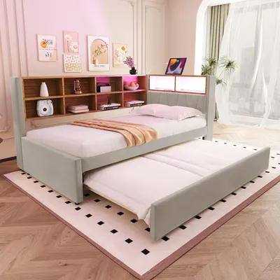 Obrázek produktu pro MODFU Rozkládací postel 90×200 cm, Multifunkční rozkládací postel, Jednolůžko, S LED světly, Zásuvkami a mnoha úložnými prostory, Bez matrace, Světle šedá