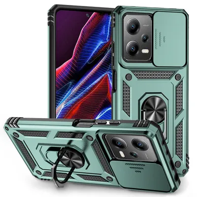 Immagine prodotto di Xiaomi Redmi Note 12 Pro 5G custodia a doppio strato con copertura scorrevole per la fotocamera e supporto ad anello verde