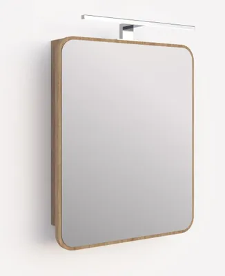 A bathroom mirror cabinet with LED lighting, mounted on a white wall.