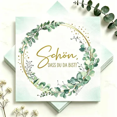 Produktbild von Papierservietten - Mit Aufdruck Schön Dass Du Da Bist und Eukalyptus-Motiv - Tischdekoration - Salbeigrün - 33x33 cm - 50 Stück