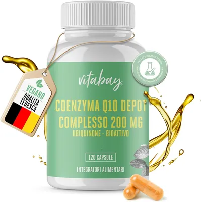 A bottle of Coenzym Q10 Ubichinon Komplex supplements with a tag and oil splashes.